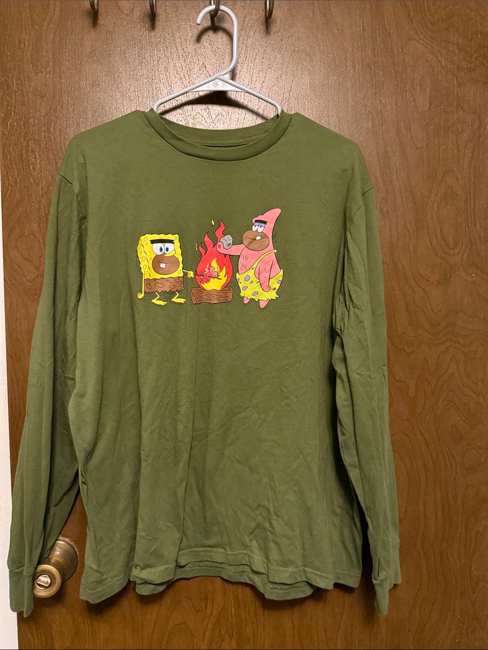 Nickelodeon Olive Green SpongeBob & Patrick Campfire Long Sleeve Tee size XL